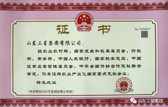 山東三星集團連續獲評農業(yè)產(chǎn)業(yè)化國家重點(diǎn)龍頭企業(yè)
